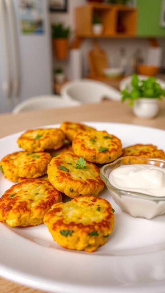 Golden vegetable fritters on a plate with yogurt dip, set in a cheerful kitchen.